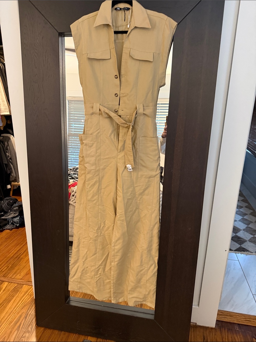 Zara Tan Sleeveless Utility Jumpsuit with Belt
